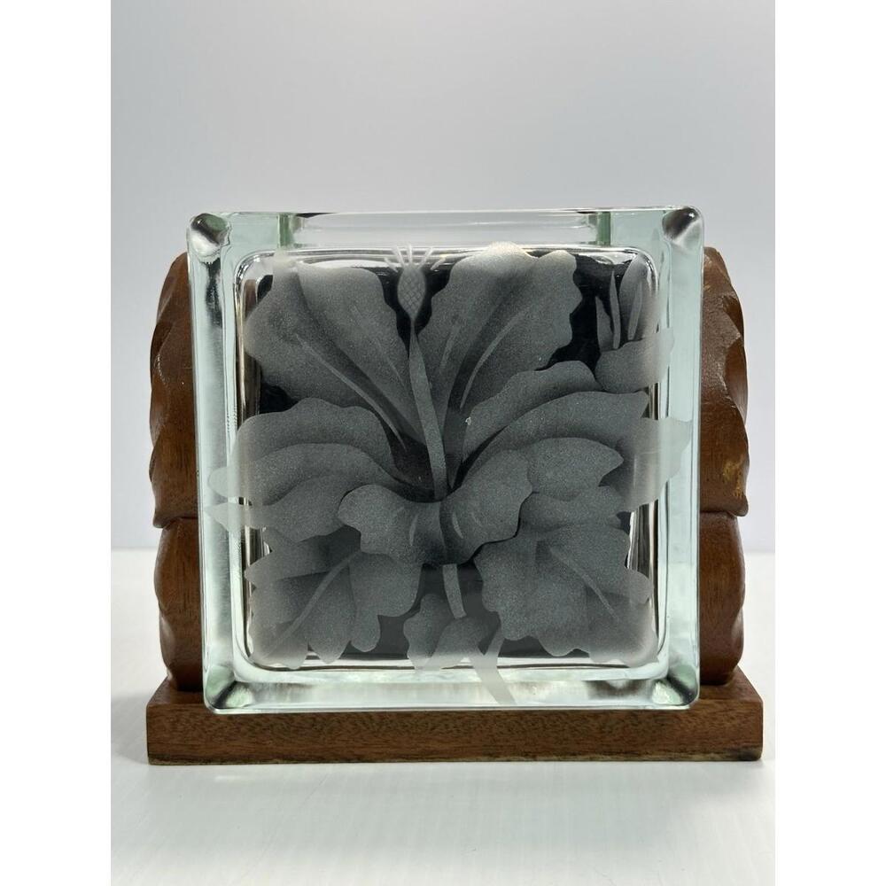 Vintage Etched Hibiscus‎ Glass Block Flower Wood Base From Hawaii